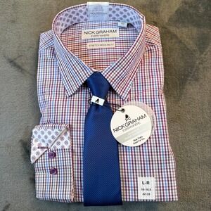 Nick Graham Stretch Plaid Dress Shirt Tie Set Purple Blue Mens Large 16-16.5 New